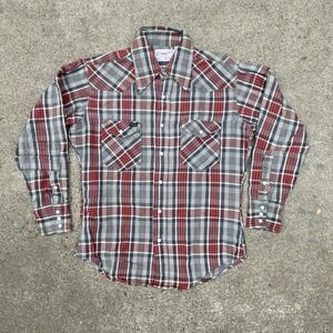 Vintage Wrangler Cotton Pearl Snap Shirt 60s Sanforized Farm Repairs Sz M 15.5